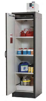 Bezpečnostní skříň s požární odolností 30min (levé dveře)_ 3xpolice,1x spodní záchytná vana,ocelový poplastovaný plech